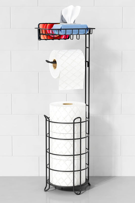 Goozii Gold Free Standing Toilet Paper Holder Stand with Phone Shelf, Floor Bathroom Tissue Holder for Large Mega Rolls, Metal Freestanding Toilet Paper Roll Holder with Wipes Storage Tray
