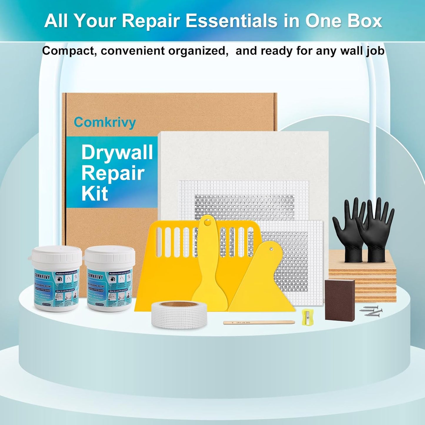 Drywall Repair Kit with 12"x12" Dry Wall Repair Panel, 33-in-One Drywall Patch Kit Wall Patch Repair Kit with Spackle, Mesh Tape, Putty Knives & Sanding Block for Wall Surface Ceiling Large Hole Fill