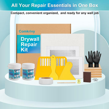 Drywall Repair Kit with 12"x12" Dry Wall Repair Panel, 33-in-One Drywall Patch Kit Wall Patch Repair Kit with Spackle, Mesh Tape, Putty Knives & Sanding Block for Wall Surface Ceiling Large Hole Fill
