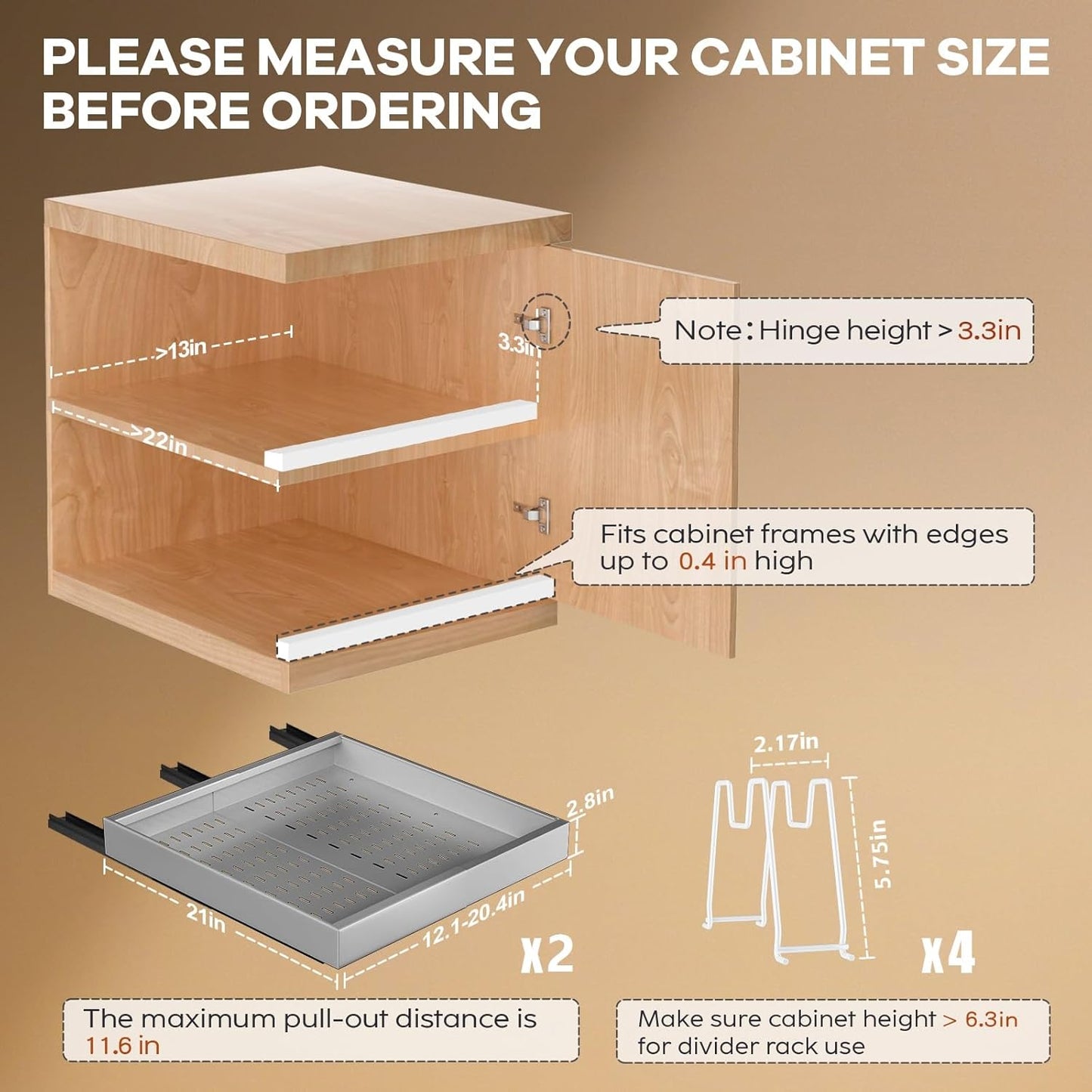Seinloes 2Pack Pull out Cabinet Organizer 21"Deep with 4 Adjustable Dividers,Expandable（12.1"-20.4"W） Pots and Pans Organizer Under Cabinet with Raising Pad for Framed Cabinets,Slide out Drawers,White