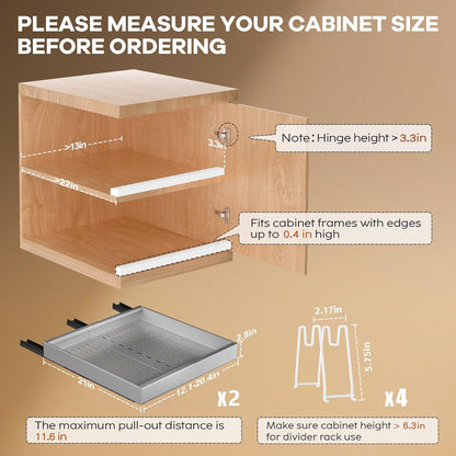 Seinloes 2Pack Pull out Cabinet Organizer 21"Deep with 4 Adjustable Dividers,Expandable（12.1"-20.4"W） Pots and Pans Organizer Under Cabinet with Raising Pad for Framed Cabinets,Slide out Drawers,White