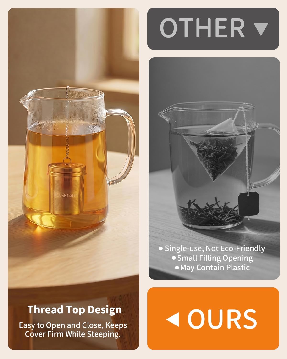 House Again Tea Infusers, Extra Fine Mesh Tea Strainers for Loose Tea, Updated Slim Threaded Lid & 304 Stainless Steel, Filter Bags Diffusers, Loose Leaf Tea Steeper for Brew Tea Spices & Seasonings