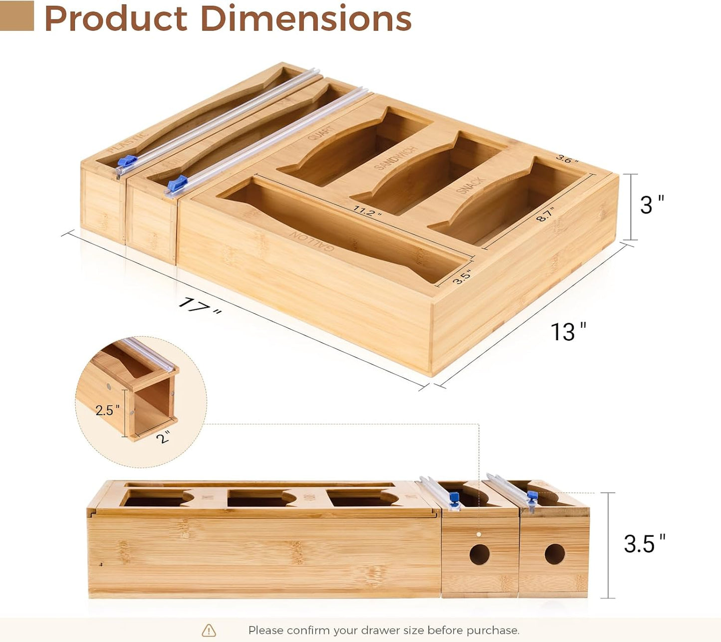 6-in-1 Bamboo Kitchen Drawer Organizer for Storage Bag, Foil & Plastic Wrap | Saran Wrap Dispenser with Cutter, Plastic & Grocery Bag Holder, Bamboo Drawer Organizer, Gallon/Quart Storage Bags