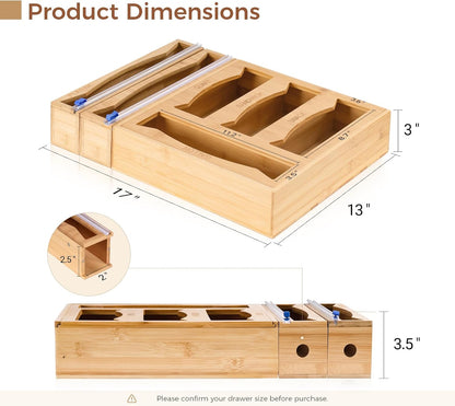 6-in-1 Bamboo Kitchen Drawer Organizer for Storage Bag, Foil & Plastic Wrap | Saran Wrap Dispenser with Cutter, Plastic & Grocery Bag Holder, Bamboo Drawer Organizer, Gallon/Quart Storage Bags