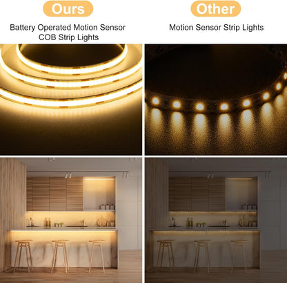 2 Pack Battery COB Motion Sensor Strip Lights with Day & Night Modes | 6.6Ft 640 LED Under Cabinet Flexible Tape Lights for Bedroom Kitchen Stair Shelf, 6000K Cool White
