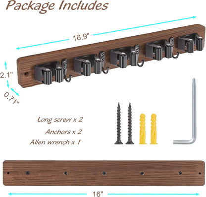 OUTNILI Mop and Broom Holder Wall Mount - Wood Broom Mop Hanger - Wall Mounted Garden Tool Rack Organizer for Closet Garage Laundry Room, Rustic Kitchen Decor With 4 Slots & 4 Hooks