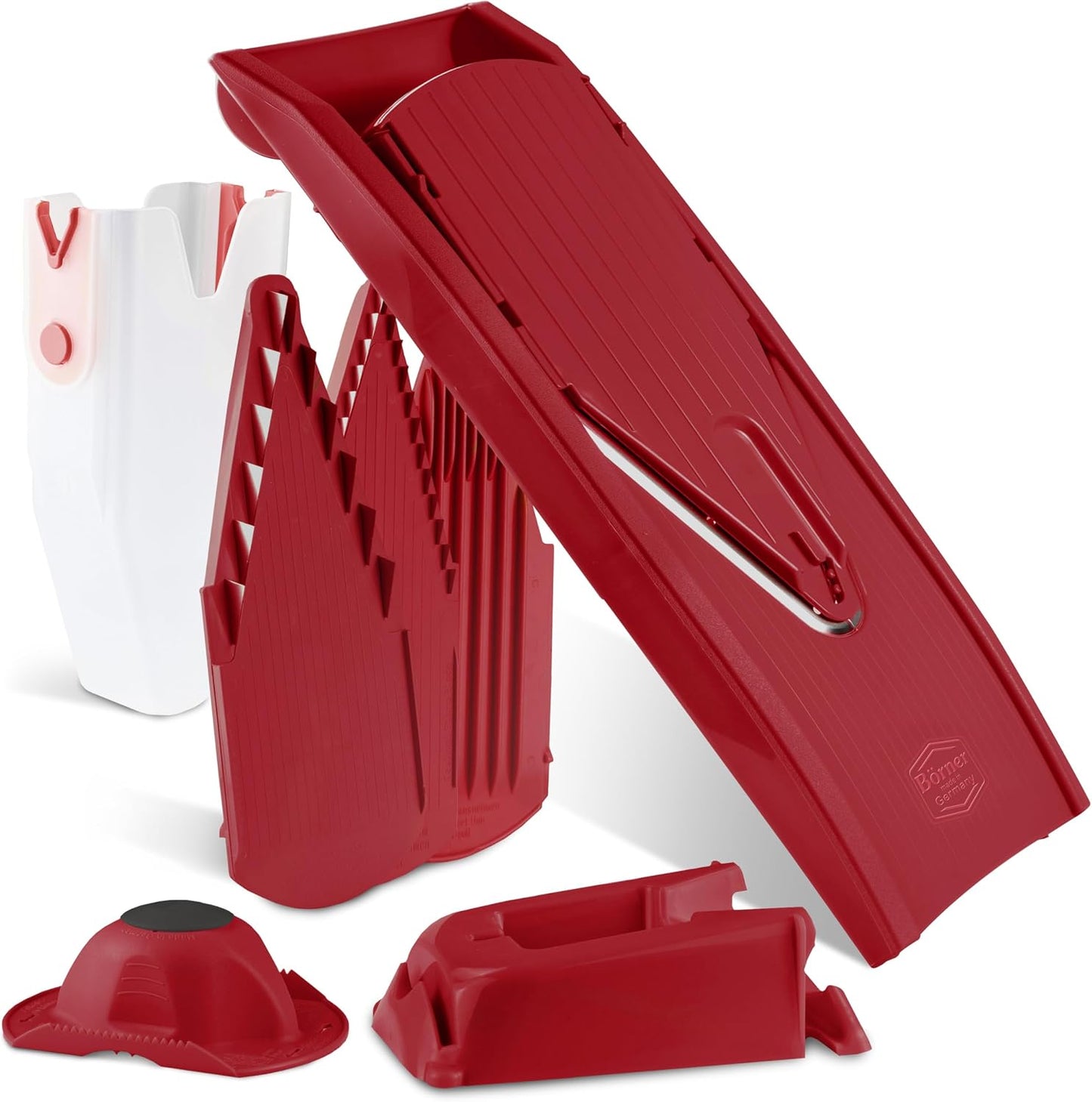 Mandoline Food Slicer Börner V1 (Profi Set) by Reston Lloyd • V-Slicer with 4 Inserts, Docking Station & Food Holder • Made in Germany • Fruit & Vegetable Chopper • Multiple Settings • Color: Red