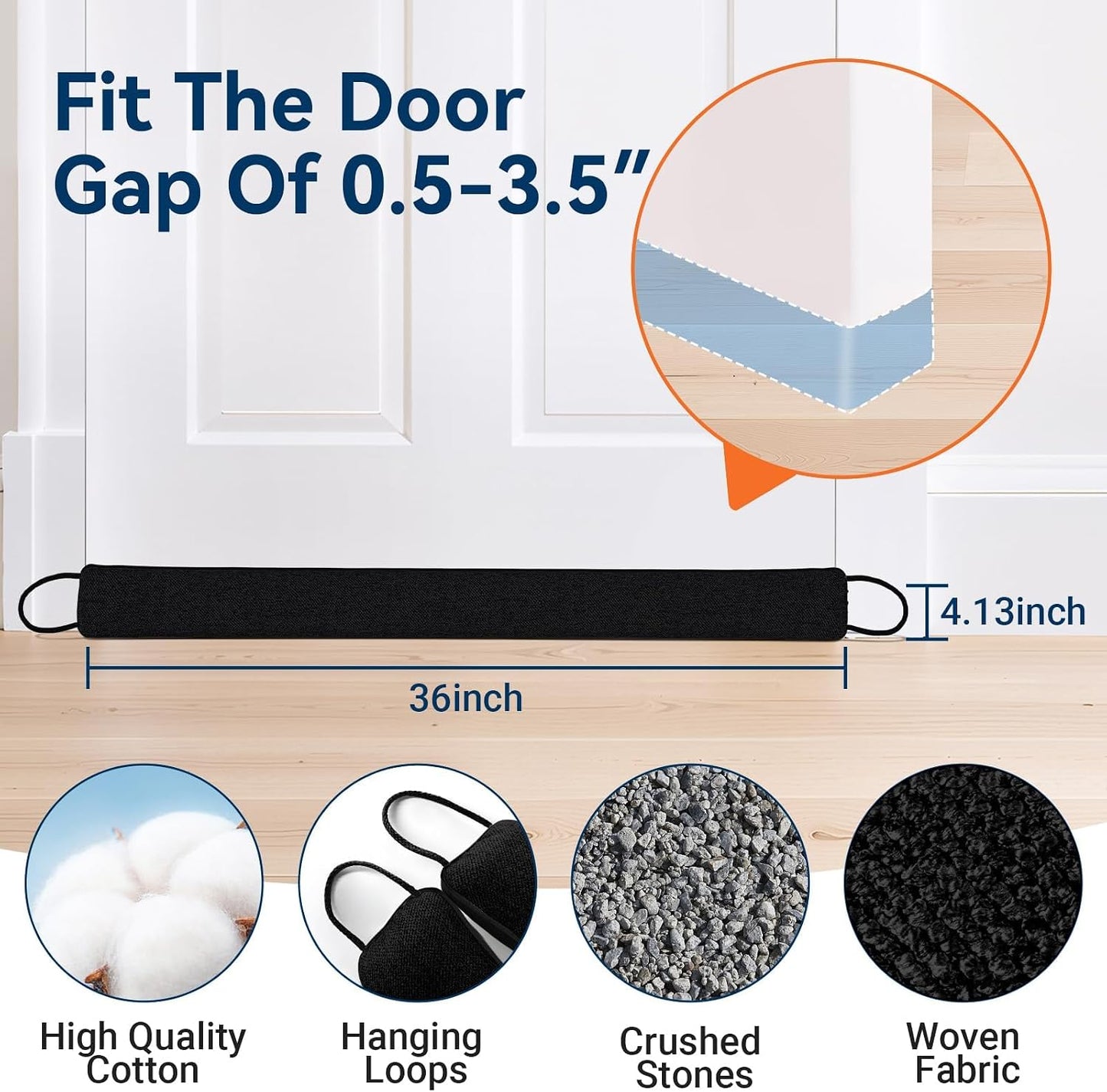 Door Draft Stopper, Heavy Duty Under Door Draft Blocker, Grey | 36’’ Weighted Door Seal, Gap Filler, Door Bottom, For Noise Light Cold Air, with Adhesive Strips, Bedroom Office Kitchen Home