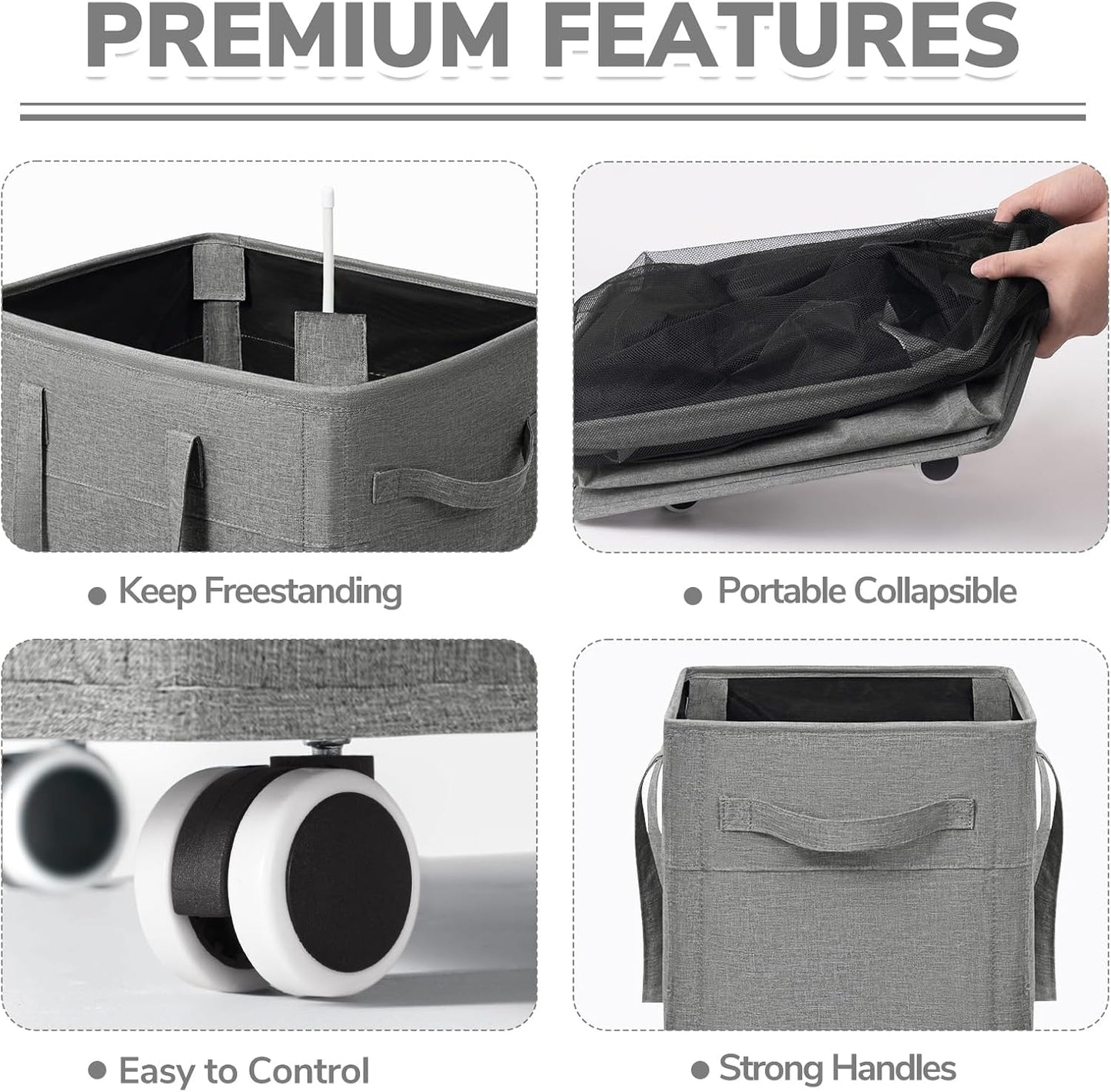 CHICVITA 75L Large Rolling Laundry Basket with Wheels & Wash Bag, Grey | Collapsible design saves space for corner dorms. Removable wash bag for easy laundry transport