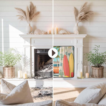 Magnetic Fireplace Cover Tropical Palm Leaves Fireplace Screen Decorative Camper Van Surfboard Balls Insulation Fireplace Blocker Save Energy Fireplace Draft Stopper Covers for Living Room 36x30 Inch
