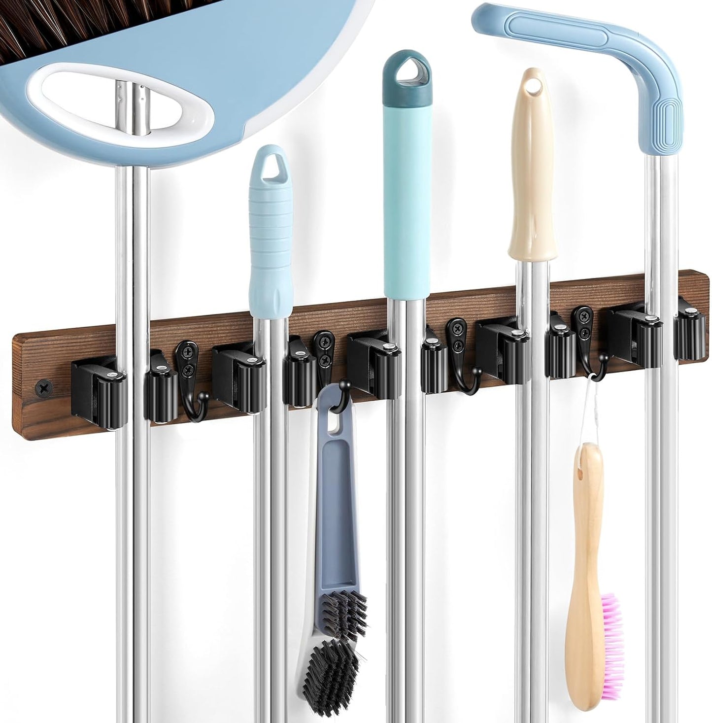 White Broom Holder Wall Mount - Heavy Duty Wood Mop and Broom Organizer with 5 Slots & 4 Hooks - Garden Tool Hanger for Laundry Room Closet Kitchen Garage Storage and Organization - Modern Home Decor