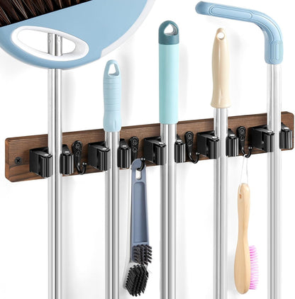 White Broom Holder Wall Mount - Heavy Duty Wood Mop and Broom Organizer with 5 Slots & 4 Hooks - Garden Tool Hanger for Laundry Room Closet Kitchen Garage Storage and Organization - Modern Home Decor