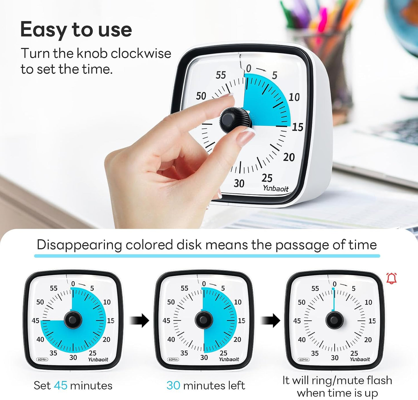 Yunbaoit Visual Timer with Night Light, 60 Minute Countdown, Light Blue | 3 Alarm Modes, Mute Flash, for Kids and Adults, Time Management Tool for Classroom, Home, School, and Work