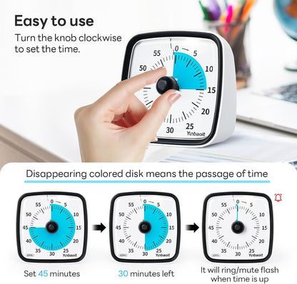 Yunbaoit Visual Timer with Night Light, 60 Minute Countdown, Light Blue | 3 Alarm Modes, Mute Flash, for Kids and Adults, Time Management Tool for Classroom, Home, School, and Work