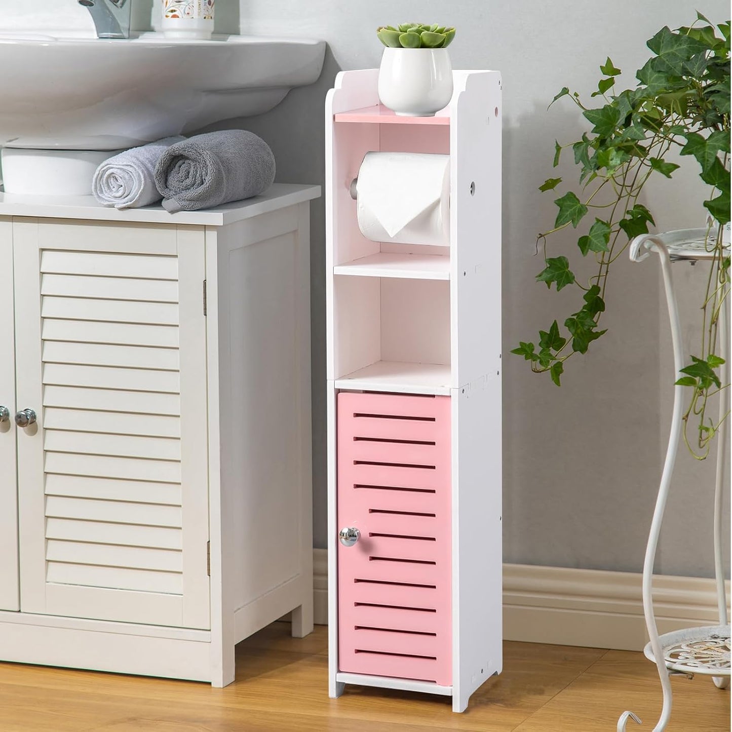 AOJEZOR Toilet Paper Holder Stand: Small Space Bathroom Storage for Renters