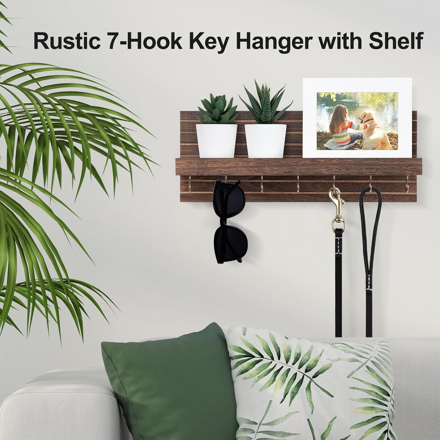 Lwenki Decorative Key Holder for Wall with Shelf, Entryway Shelf with Hooks Holds Leashes, Jackets and Glasses – Sturdy Wood Keyholder Entrance Hanger with Mounting Hardware (Black, Medium)