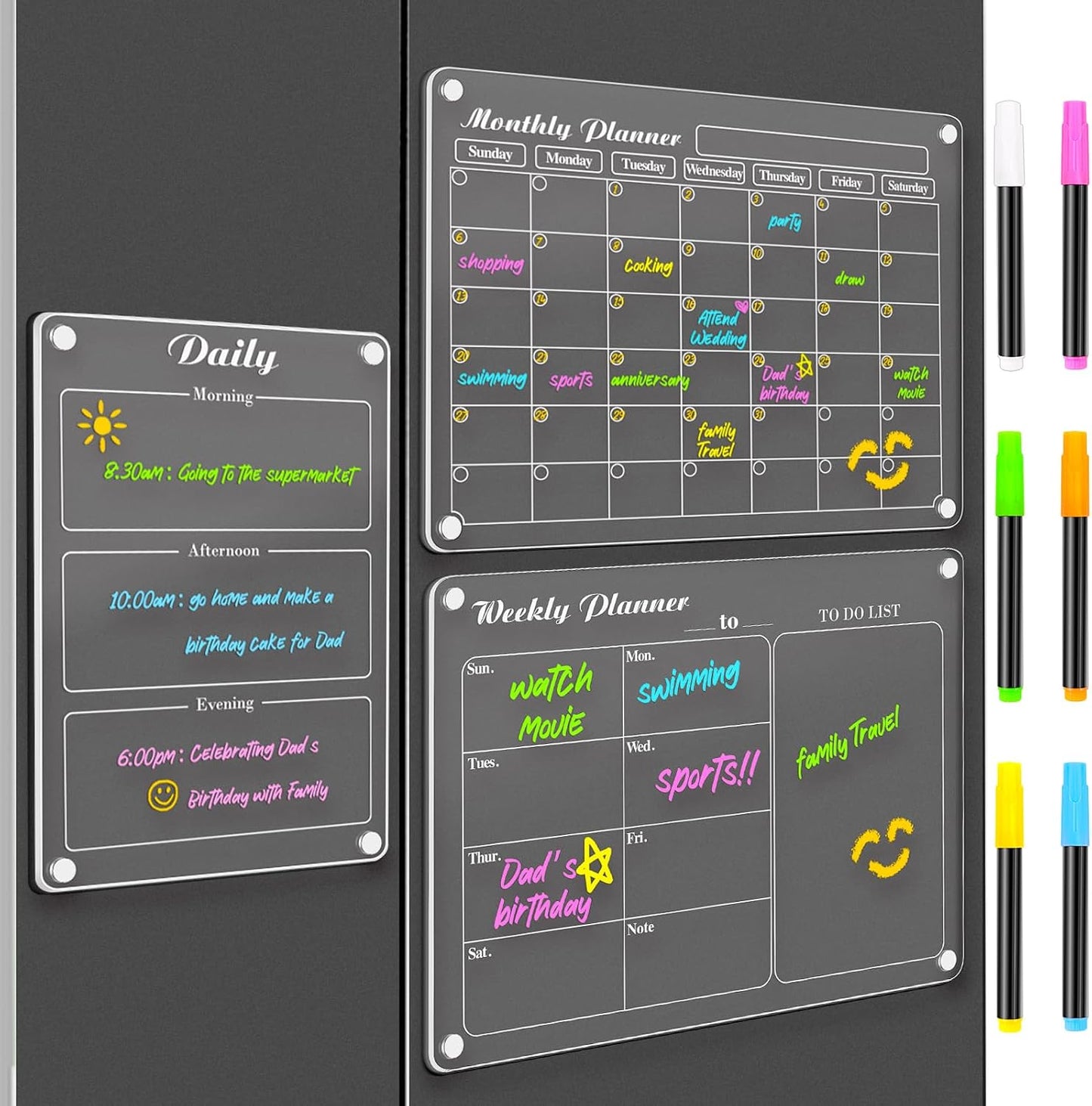 DIYMAG Magnetic Calendar, Fridge Magnets for Whiteboard 4 PCS Dry Erase | Clear Monthly Weekly Daily Memo Acrylic Planning Boards Apartment Essentials for Refrigerator