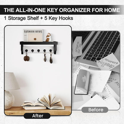Key and Mail Holder Wall Mount, Mail Organizer with 5 Key Hooks | Key Holder with Shelf, Key Holder for Coat, Dog Leash, Home Decor Rack, Entry Way Organizer