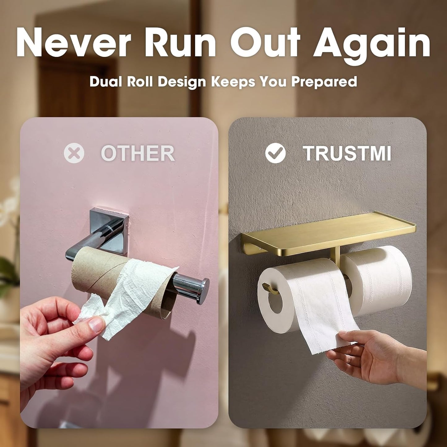 TRUSTMI Toilet Paper Holder with Phone Shelf, Zinc Alloy, Brushed Gold | Solid zinc alloy holder holds 15 lbs and fits jumbo rolls. Shelf stores phones and wipes for easy bathroom organization