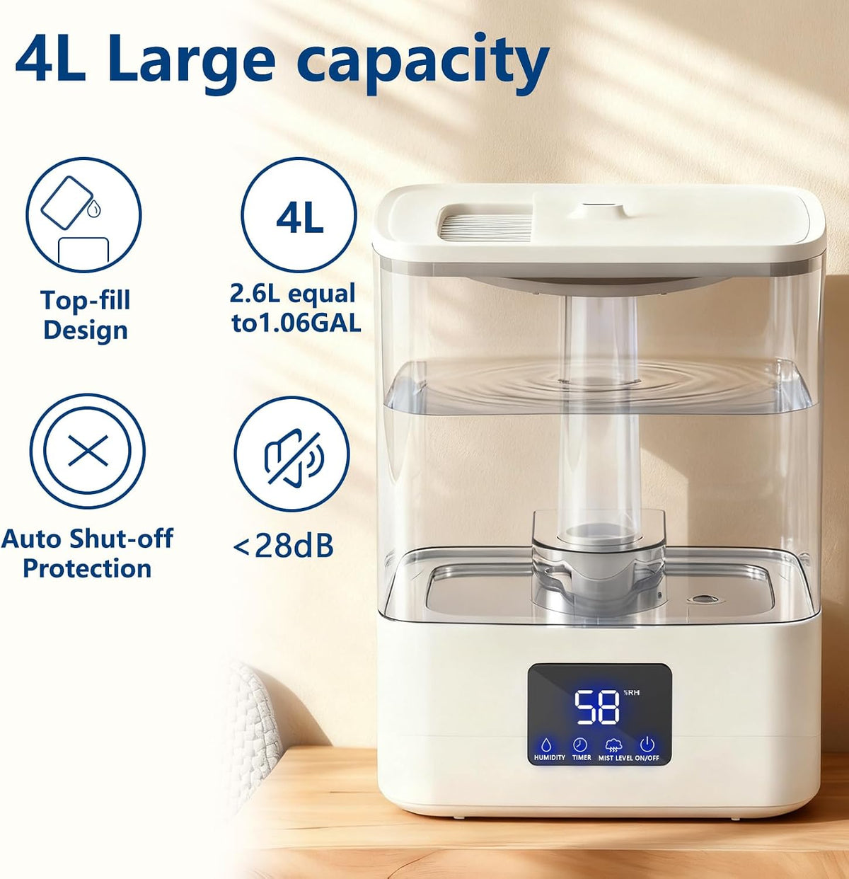 KZF 4L Top Fill Humidifiers for Bedroom & 60H Runtime - Cool Mist Humidifier, 3 Mist Levels, 8H Timer, Essential Oil Tray, Humidity Display, Quiet for Bedroom, Baby, Plants, Large Room