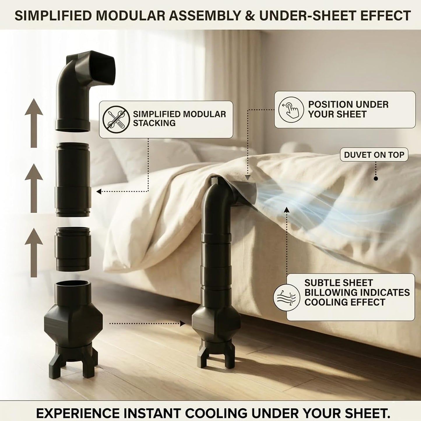 Bed Cooling System (Supports Beds Up to 25.2" Tall), Quiet Bed Fan Under Sheets for Cooling and Sleep, Bedside Fan for Hot Sleepers & Night Sweats Relief