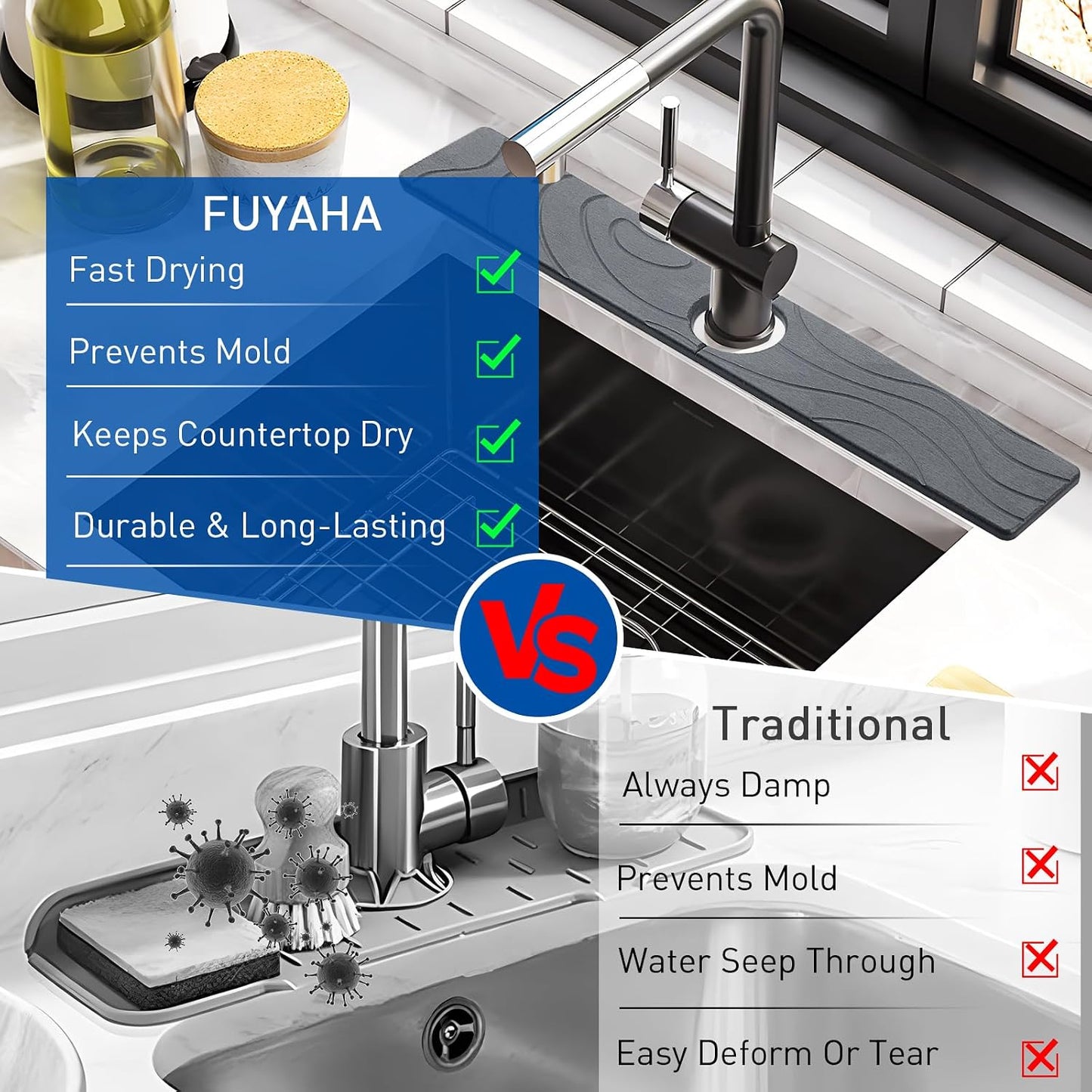 2 Pcs Faucet Mat for Kitchen Sink 15.74”×3.94” Diatomite Quick Dry Sink Splash Guard Absorbent Kitchen Stone Sink Tray Faucet Splash Guard for Bathroom Counter