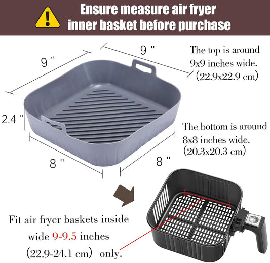 Golden Associate Silicone Liners Square for Air Fryer, 2 Pcs Non-stick Food-grade Reusable Basket Silicone Pot Baking Tray Airfryer Accessories, Top Size 9 inches, Bottom Size 8 inches