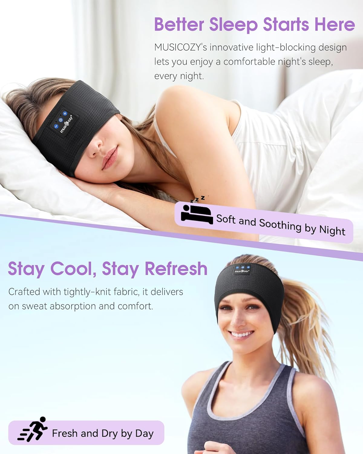 MUSICOZY Sleep Headphones Bluetooth Headband Headphones for Side Sleepers | Sleeping Headbands Wireless Sports Earphones Sweat Resistant Earbuds for Workout Running Cool Gadgets Unique Gifts for Women