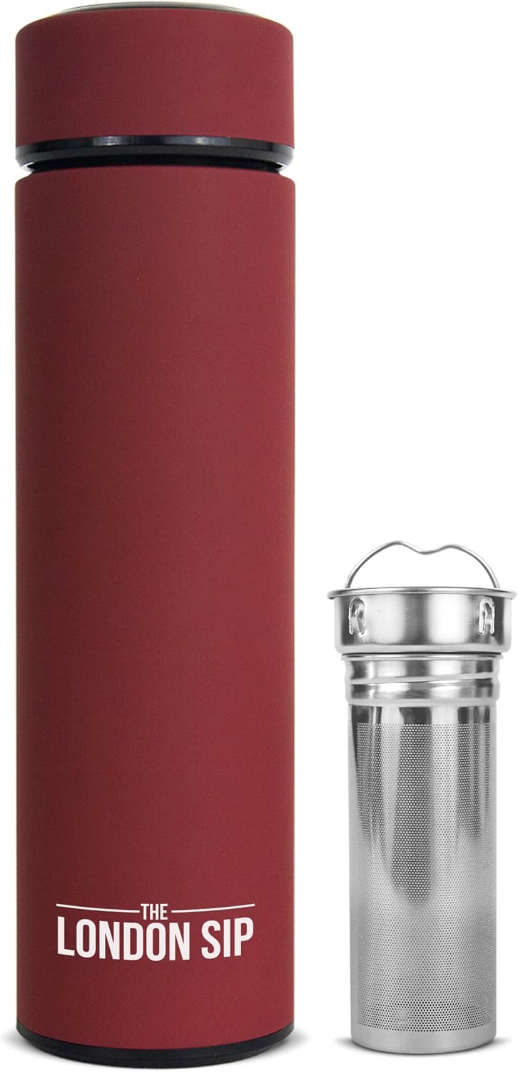 London Sip Multi-Purpose Tea Infuser Travel Mug and Tumbler Fruit Infuser Flask Hot and Cold Double Wall Stainless Steel Thermos with Extra-Long Infuser, Midnight Teal