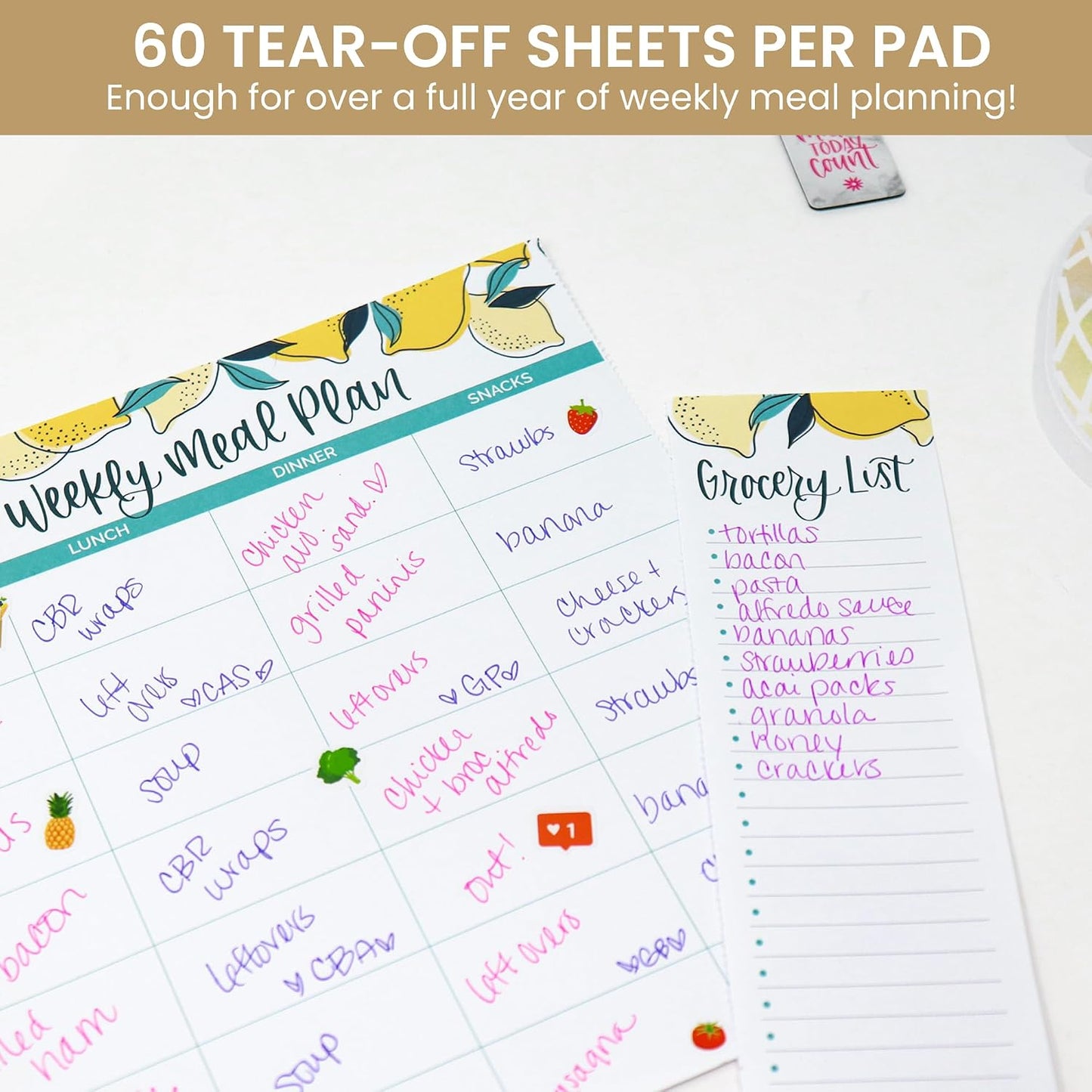 bloom daily planners Horizontal Weekly Magnetic Meal Planning Pad for Fridge with Tear-Off Grocery Shopping List - Hanging Food/Menu Organizer Notepad with Magnets - 8.5” x 11” - Lemons