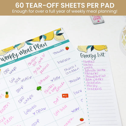 bloom daily planners Horizontal Weekly Magnetic Meal Planning Pad for Fridge with Tear-Off Grocery Shopping List - Hanging Food/Menu Organizer Notepad with Magnets - 8.5” x 11” - Lemons