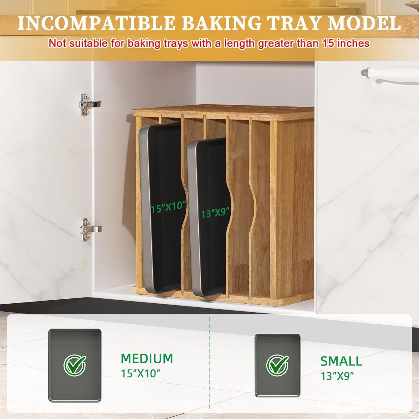 4 Tier Rubber Wooden Tray Dividers for Cabinets, Cookie Sheet Organizer | Heavy Weight, Premium Wood, Multiple Sizes, Saving Space, Vertical Tray Dividers for Storing pans, Baking tray, Cutting Board