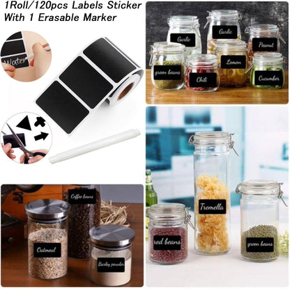 Chalkboard Labels Sticker,120 Pcs Waterproof Blackboard Reusable Sticker Label with 1 Erasable Chalk Liquid Markers, for Storage Bins, Mason Jars,Pantry, Office,Store and Decoration