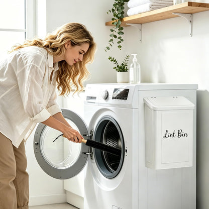 Magnetic Lint Bin for Laundry Room- Wall Mounted Metal Lint Box Holder Trash Can with Dryer Lint Brush, Laundry Room Organization and Storage Decor White