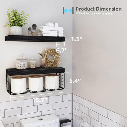 QEEIG Bathroom Shelves Over Toilet - Wall Mounted Floating Shelves Toilet Paper Storage Small Farmhouse Decor Shelf 16 inch Set of 3, Rustic Brown (019-BN3)