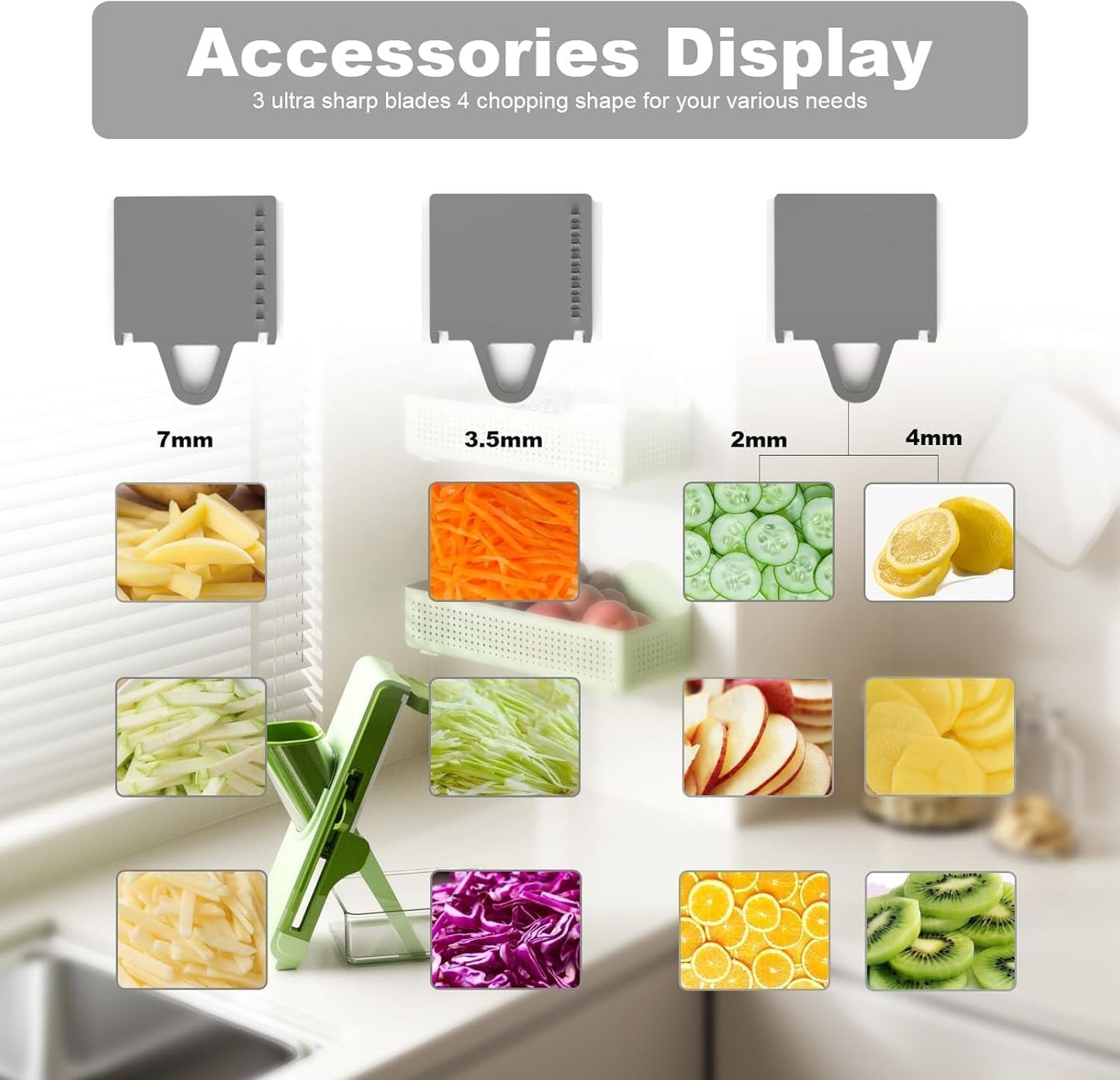 Eletronova Safe Mandoline Slicer for Kitchen, Vegetable Slicer with Container, French Fry Cutter, All in 1 Julienne Slicer for Potato, Thickness Adjustable, Detachable Blade (Green)