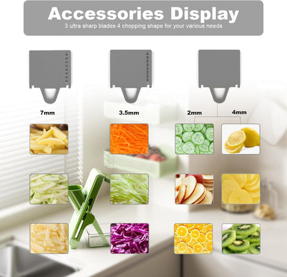 Eletronova Safe Mandoline Slicer for Kitchen, Vegetable Slicer with Container, French Fry Cutter, All in 1 Julienne Slicer for Potato, Thickness Adjustable, Detachable Blade (Green)