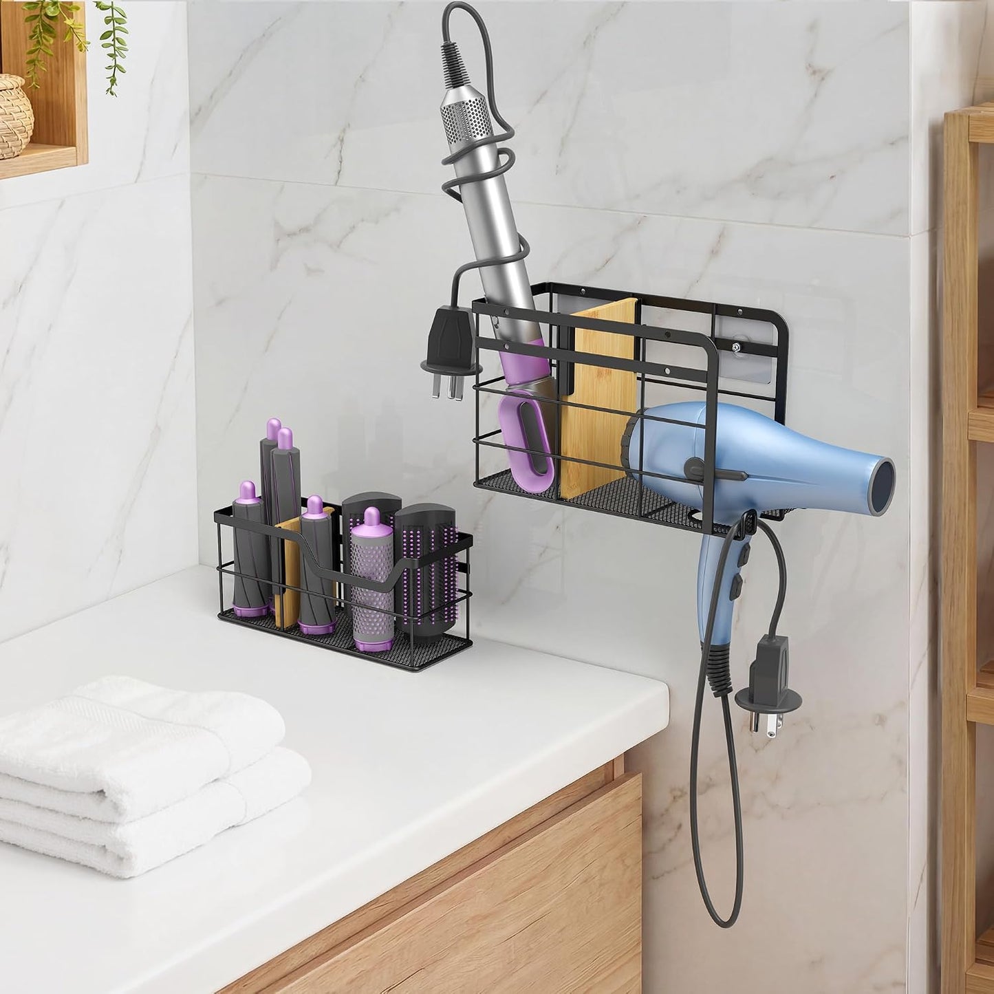 2 Pack Hair Tool Organizer - Hair Dryer Holder Wall Mounted/Cabinet Door - Adjustable Height Blow Dryer Holder - Curling Irons Storage with 2 Hooks (Black)
