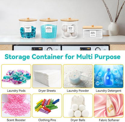 Laundry Pods Container & Dryer Sheet Holder, Laundry Room Organization and Storage Jars with Lids, Labels & Scoops for Powder Detergent Scent Booster, Black Lid