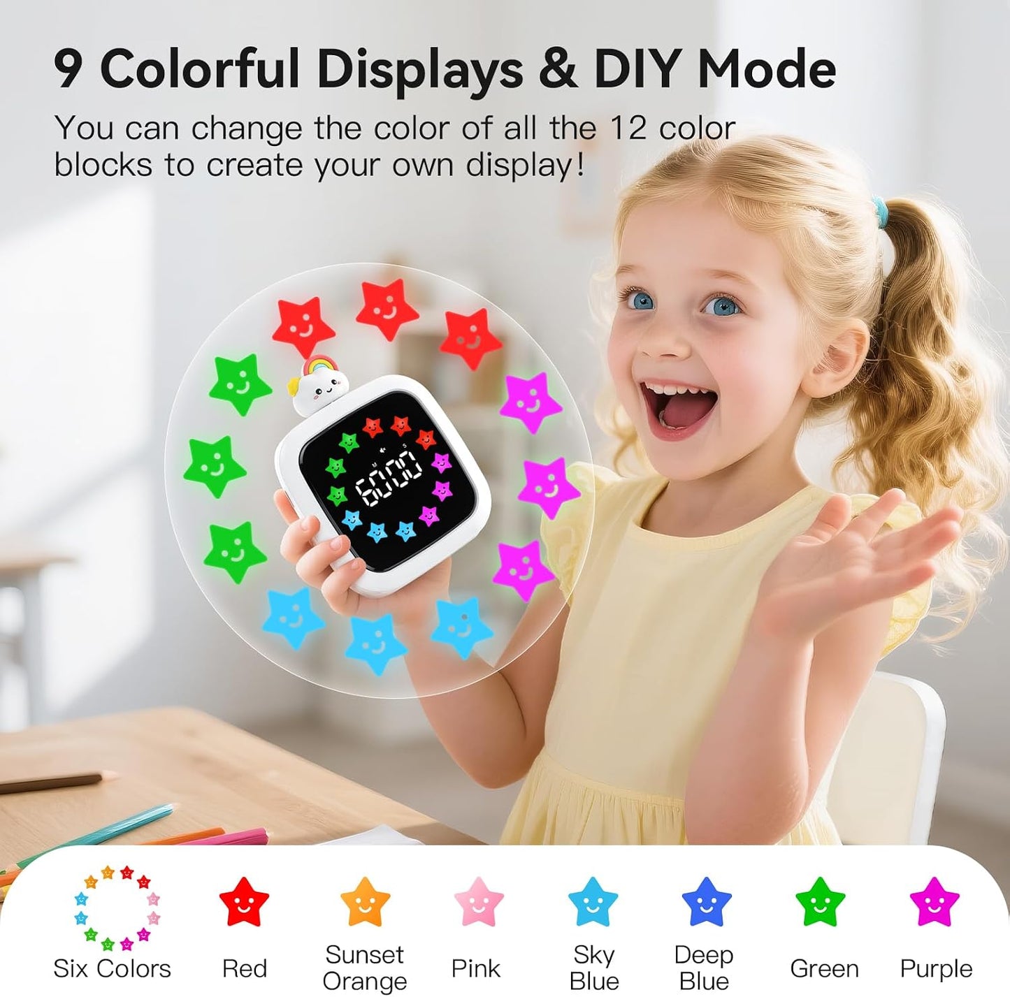 Yunbaoit Digital Visual Timer for Kids, 99-Minute Countdown, Rechargeable | 19 Music Alarm, Pause Function, 9 Optional DIY Color Planet Display, Robot Doll, for Study, Homeschool, Kitchen