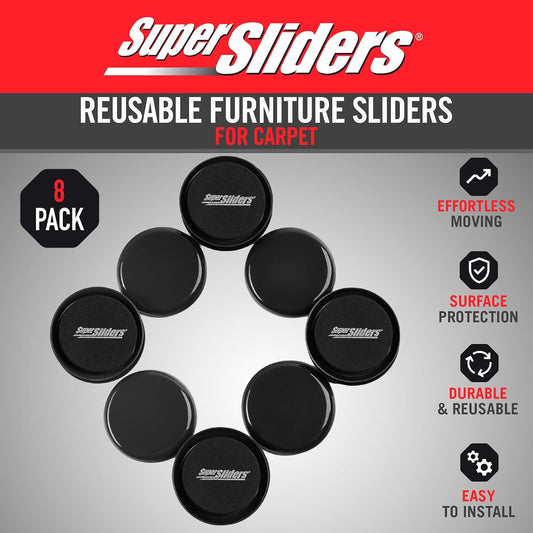 Super Sliders 2-1/2" Round Reusable Furniture Sliders for Carpet, Anti-Slip Protective Furniture Moving Pads for Beds, Sofas, Dressers, Set of 8, Black