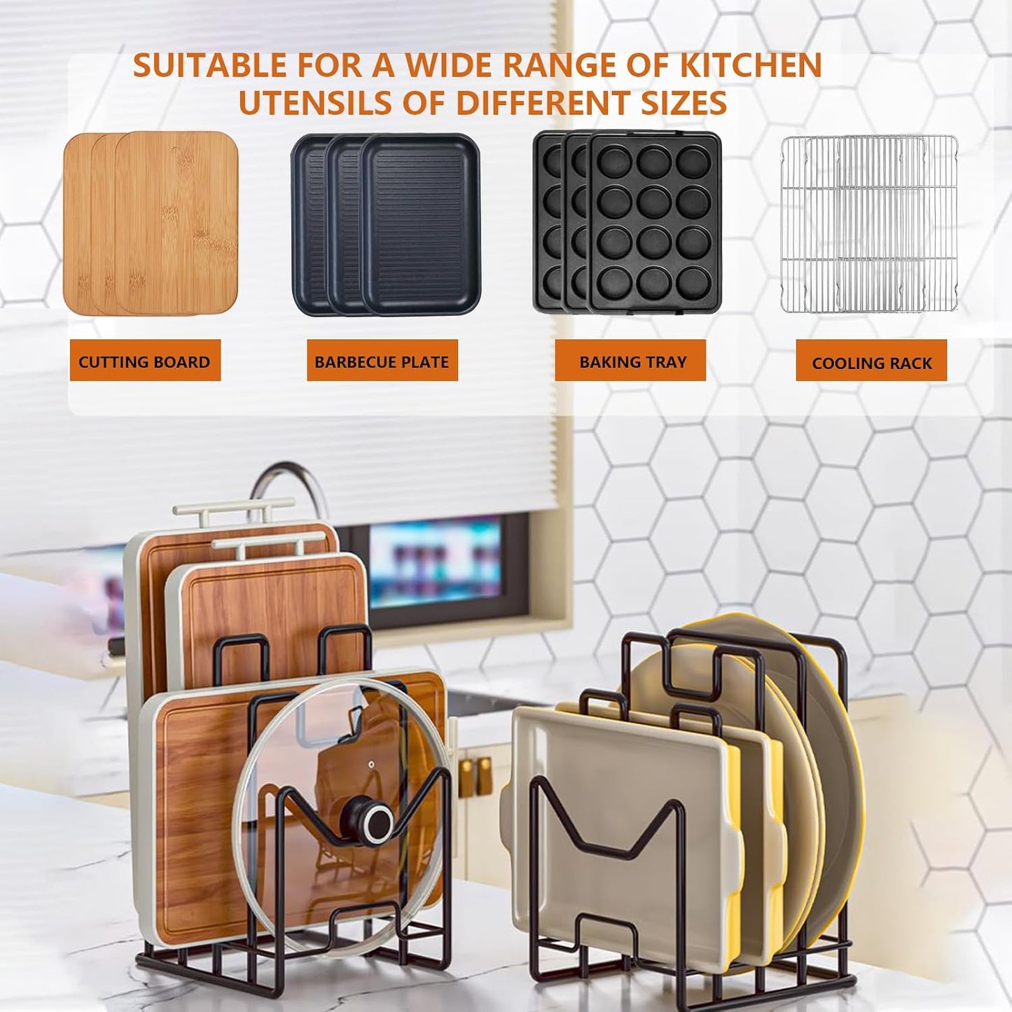 Multifunctional Cutting Board Organizer, Cutting Board Holder Rack Baking Cookie Pan Sheets Cooling Racks Storage Stand for Kitchen Cabinet -Divided Holder with 4 Slots (2PS Black)