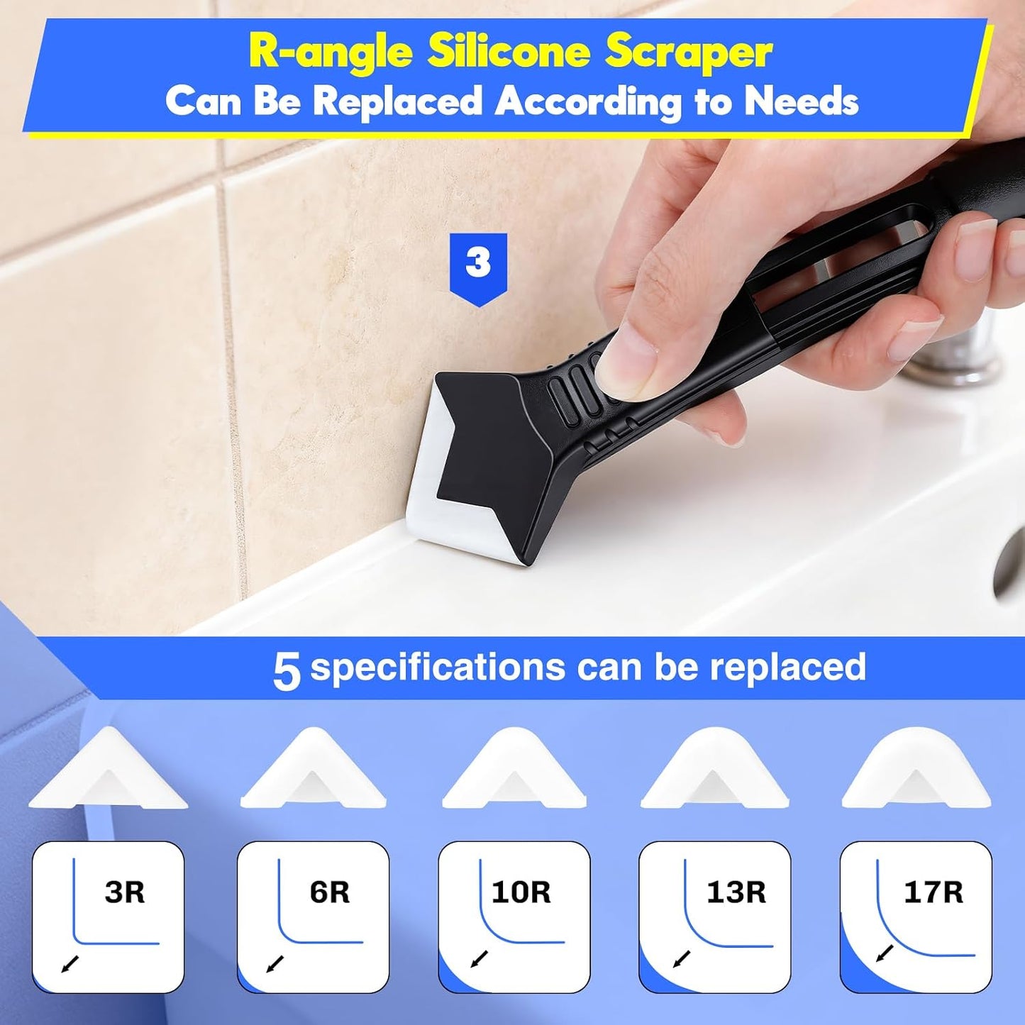 Caulking Tool 5 in 1, Caulk Remover & Silicone Sealant Finishing Kit with Grout Scraper and 6 Silicone Pads, Ideal for Kitchen, Bathroom, and Window Sealing