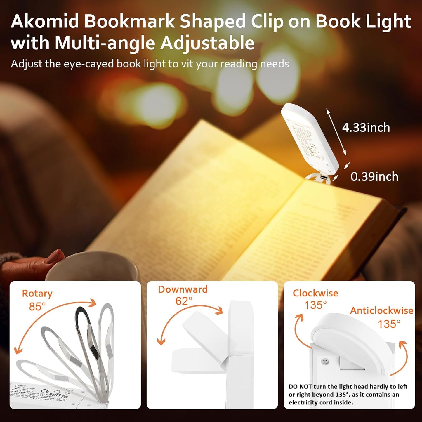 Akomid USB Rechargeable Book Light for Reading in Bed, 8 LEDs Bookmark Style Clip on, Eye-Cared Amber Light Mode for Kids, Blue Light Blocking, Stepless Dimming,Khaki