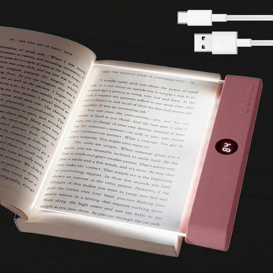 Book Light for Reading in Bed, Rechargeable LED Flat Book Light with Clear Full Page Panel, 3 Color Temperatures, Stepless Dimming, 1–99 Min Timer, 1200mAh USB-C Bookmark Light for Book Lovers(Pink)