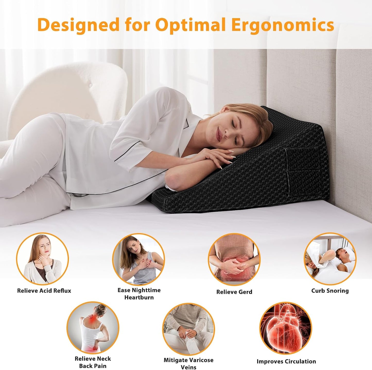 Ruqmuis Wedge Pillow for Acid Reflux, Bed Wedge Pillow for Headboard 10", Pillow Wedge for Back Pain Relief, Post Surgery, Elevated Pillows for Sleeping, Snoring, Triangle Pillow with Cover, White