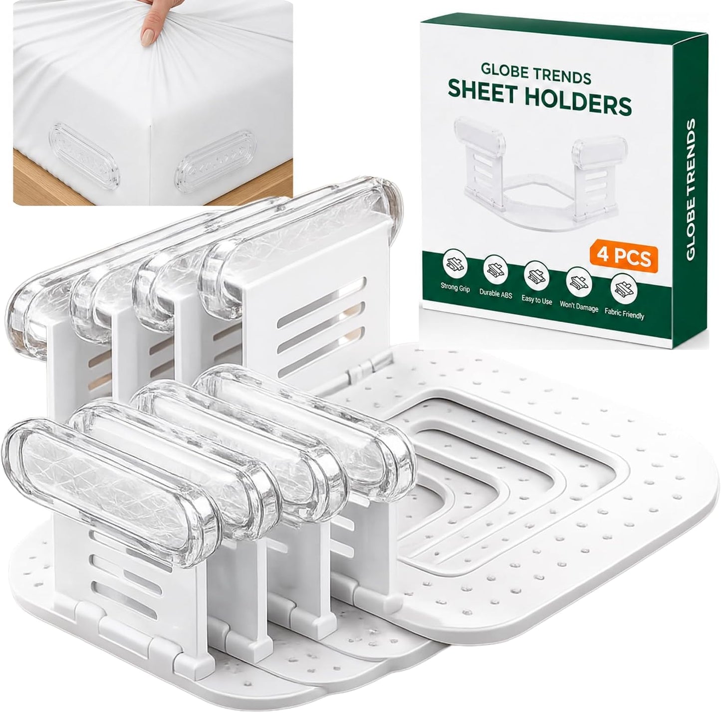 Upgraded Bed Sheet Holders for Corners, 4PCS Fitted Sheet Clips, Heavy Duty Sheet Straps, Bed Sheet Fasteners, Lock Sheet Holders Keep Sheets Firm & Tight, Fits Twin Full Queen King Mattresses