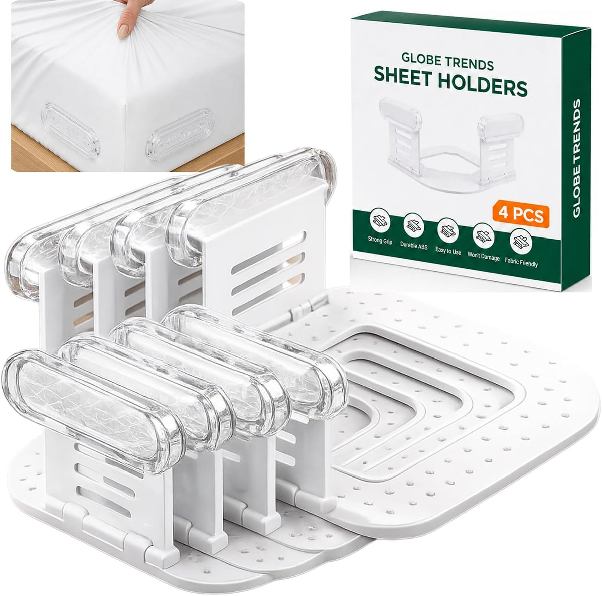 Upgraded Bed Sheet Holders for Corners, 4PCS Fitted Sheet Clips, Heavy Duty Sheet Straps, Bed Sheet Fasteners, Lock Sheet Holders Keep Sheets Firm & Tight, Fits Twin Full Queen King Mattresses