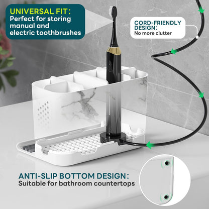 Bathroom Organizers and Storage 6 Slots Wood Grain Electric Toothbrush Holders with Phone Holder and Adjustable Dividers, Cord-Friendly Toothbrush Organizer with Drainage for Family, Kids