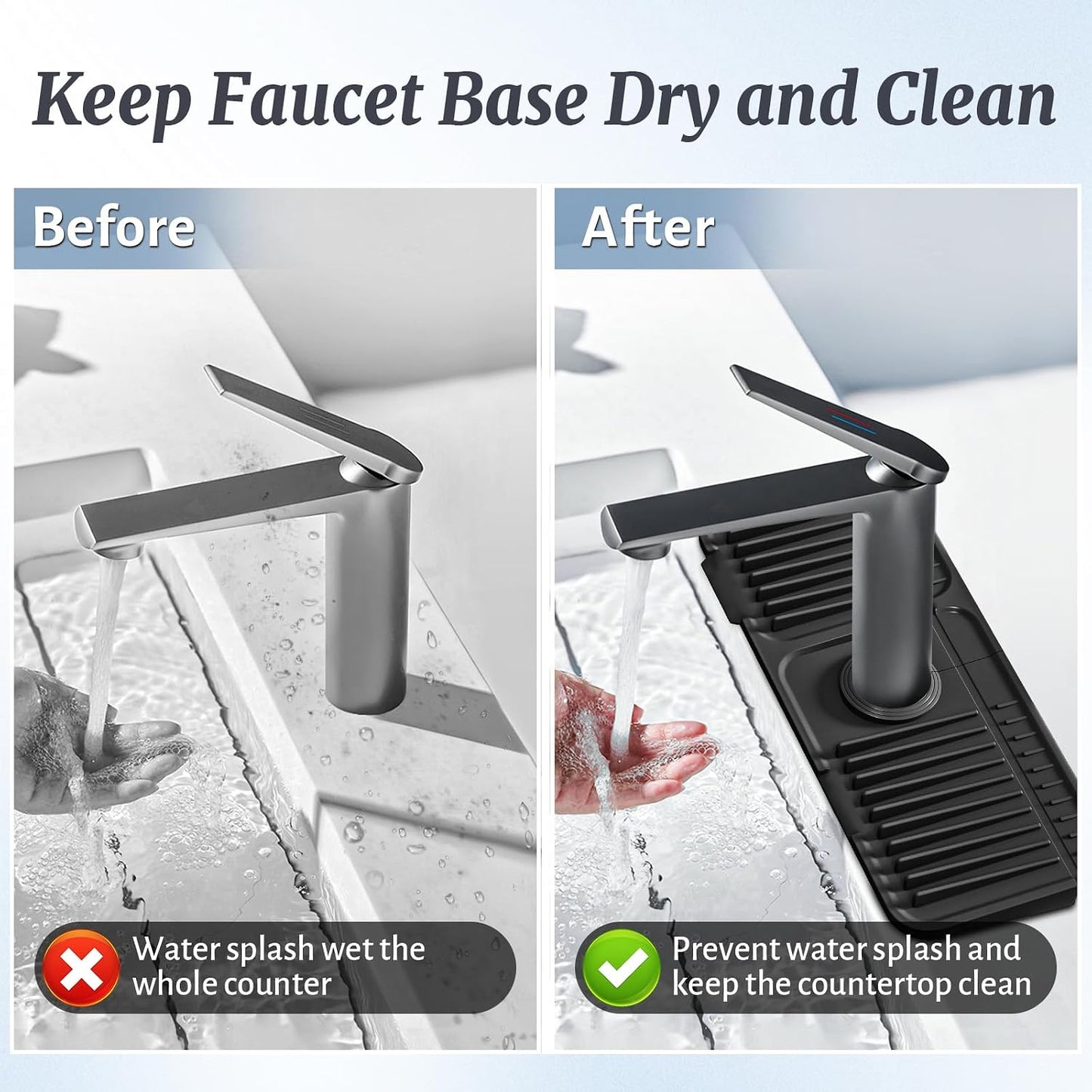 PoYang 24 Inch Faucet Mat for Kitchen Sink Splash Guard, Silicone, Black | Sink Protectors with 7° Slope for Smooth Drainage, Snap Button Holds It in Place, 90° Foldable & Cuttable Hole Fit Most Sinks